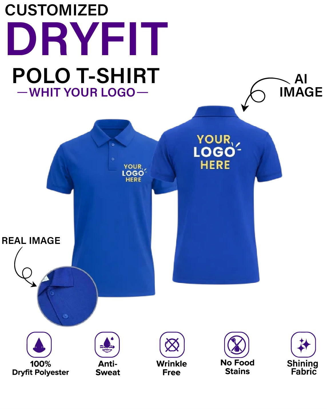 Customized DryFit Polo T-Shirt With Your Company Logo | Order Logo Printed Tees | HueLabel.in