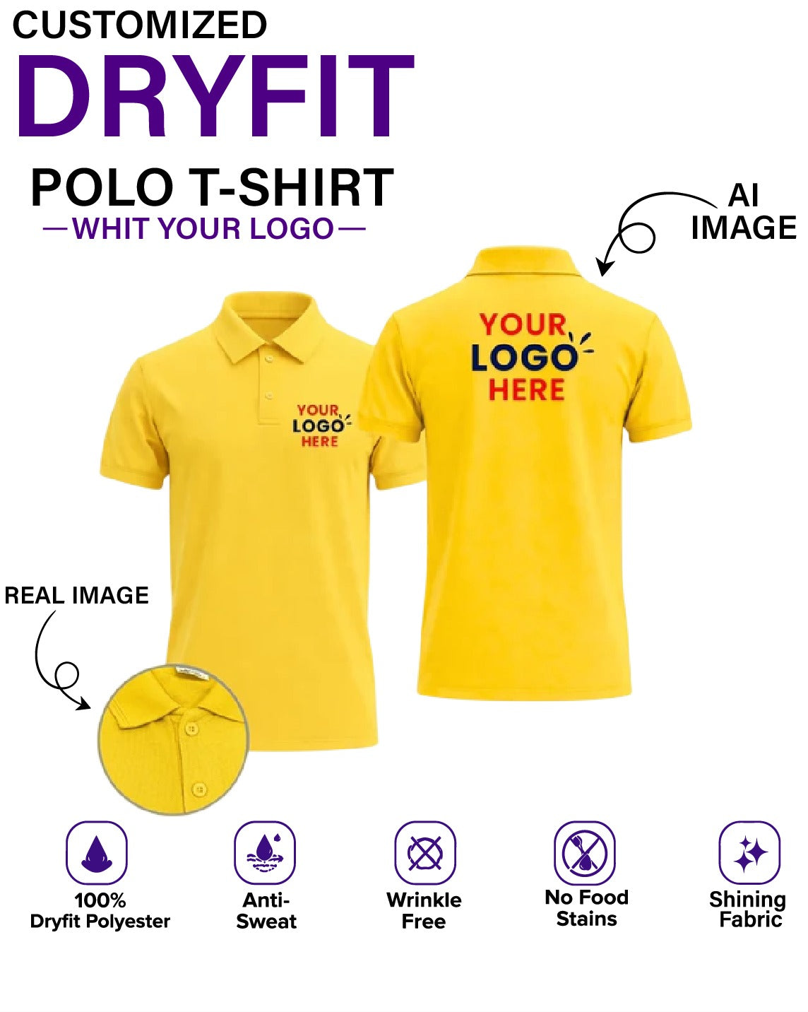 Customized DryFit Polo T-Shirt With Your Company Logo | Order Logo Printed Tees | HueLabel.in